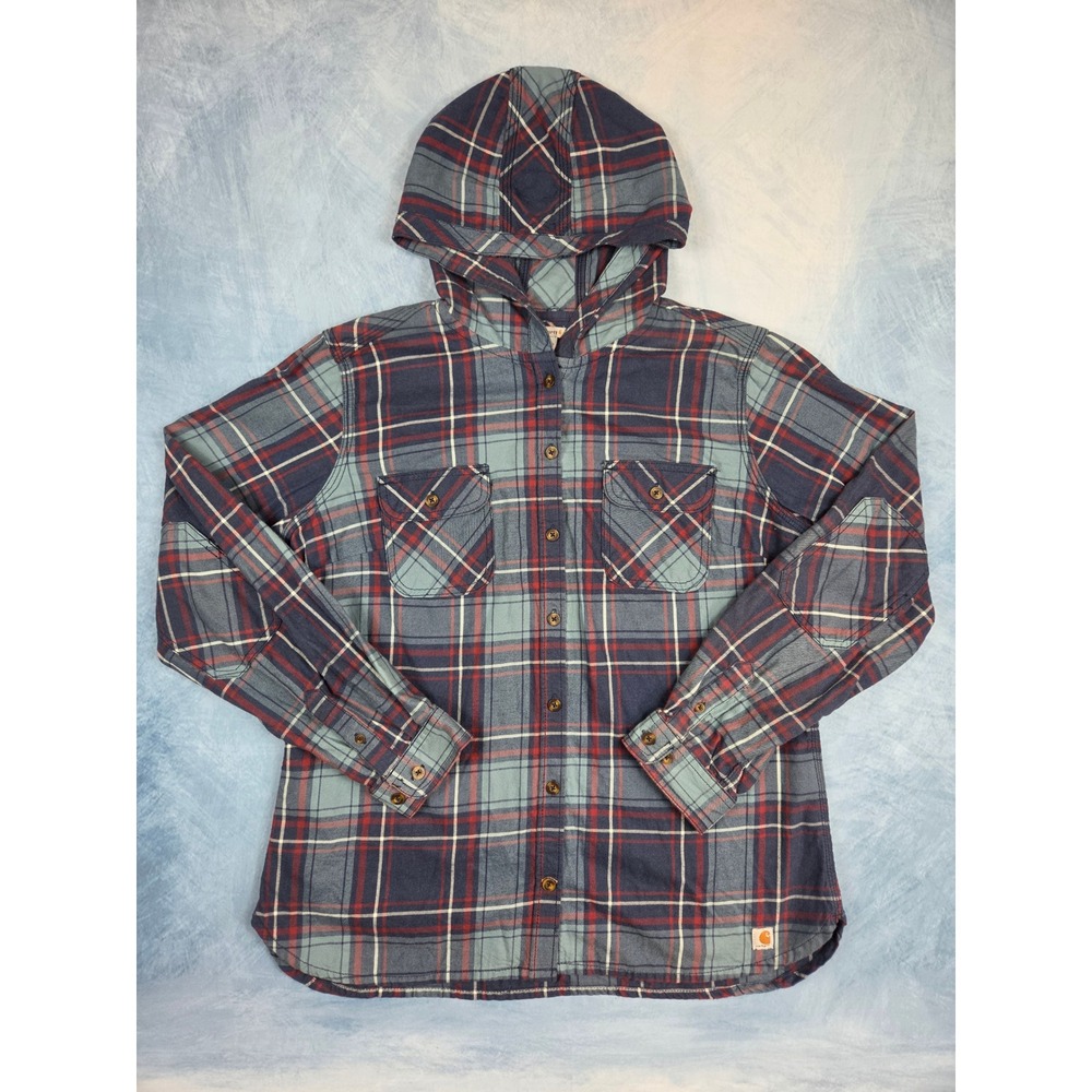 Carhartt Women's Hooded Flannel Shirt L 12/14 Blue Plaid Elbow Patch 101435